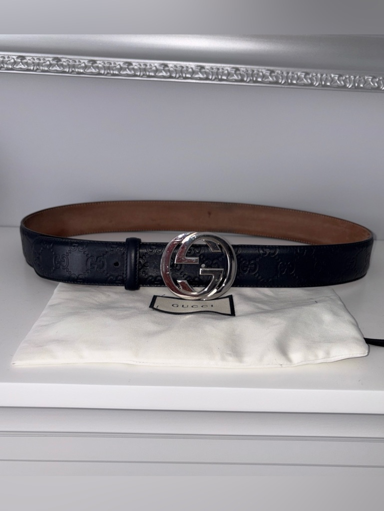 Gucci Dark Blue Logo Leather Belt With Silver Buckle And Dust Bag Size 95/38